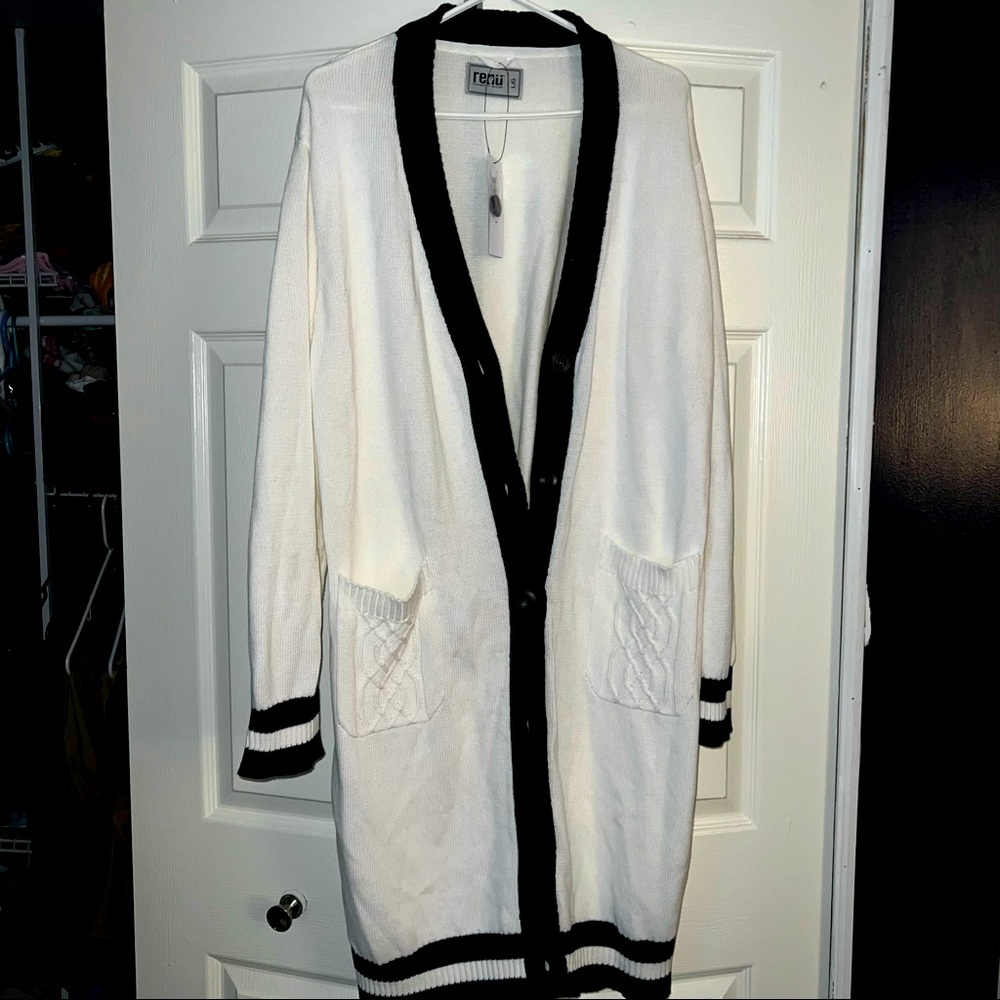 White and navy long, button up cardigan.
